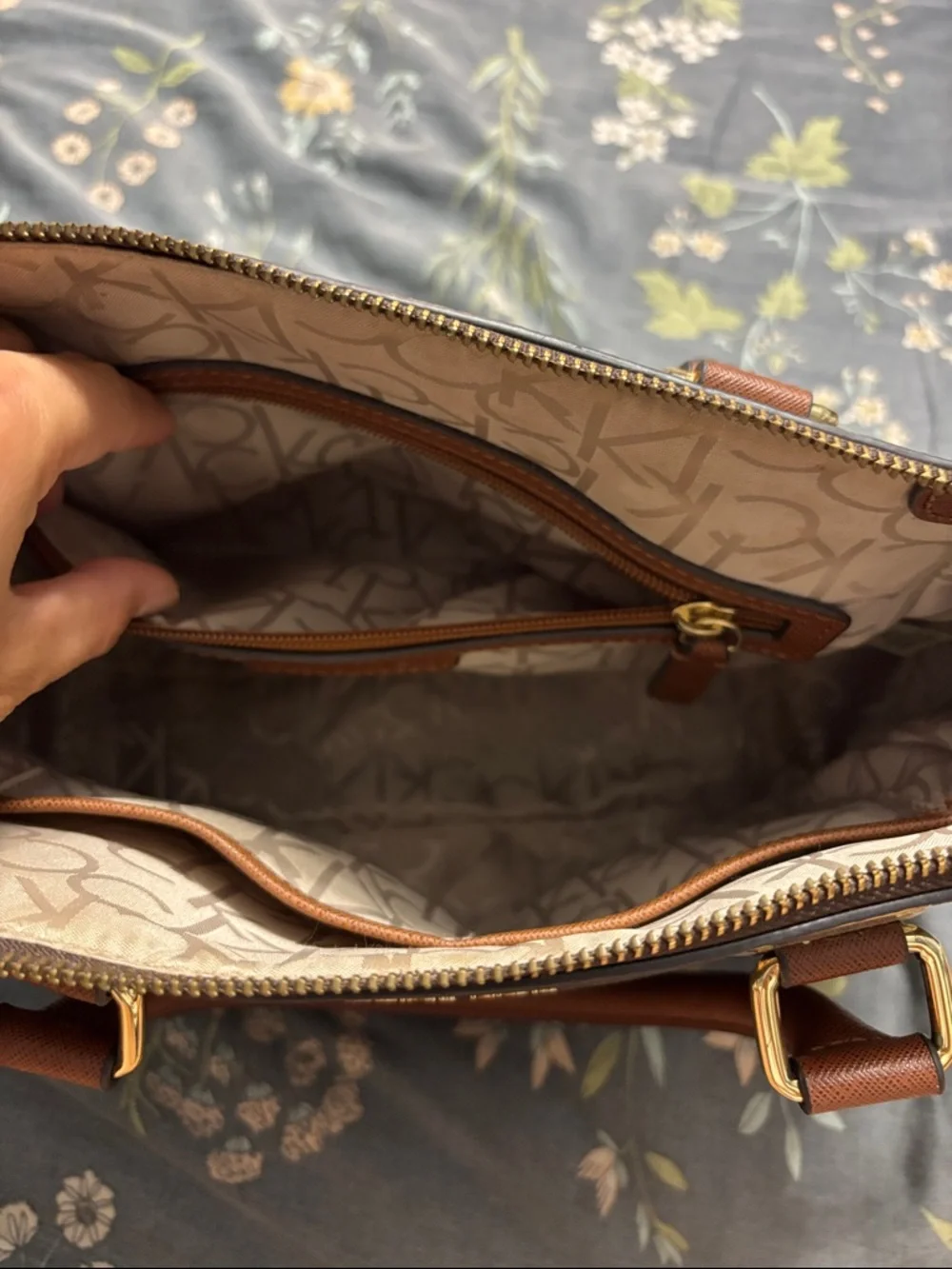 Calvin Klein Brown Monogram Zipper Handbag with Tan Handles and Gold Hardware